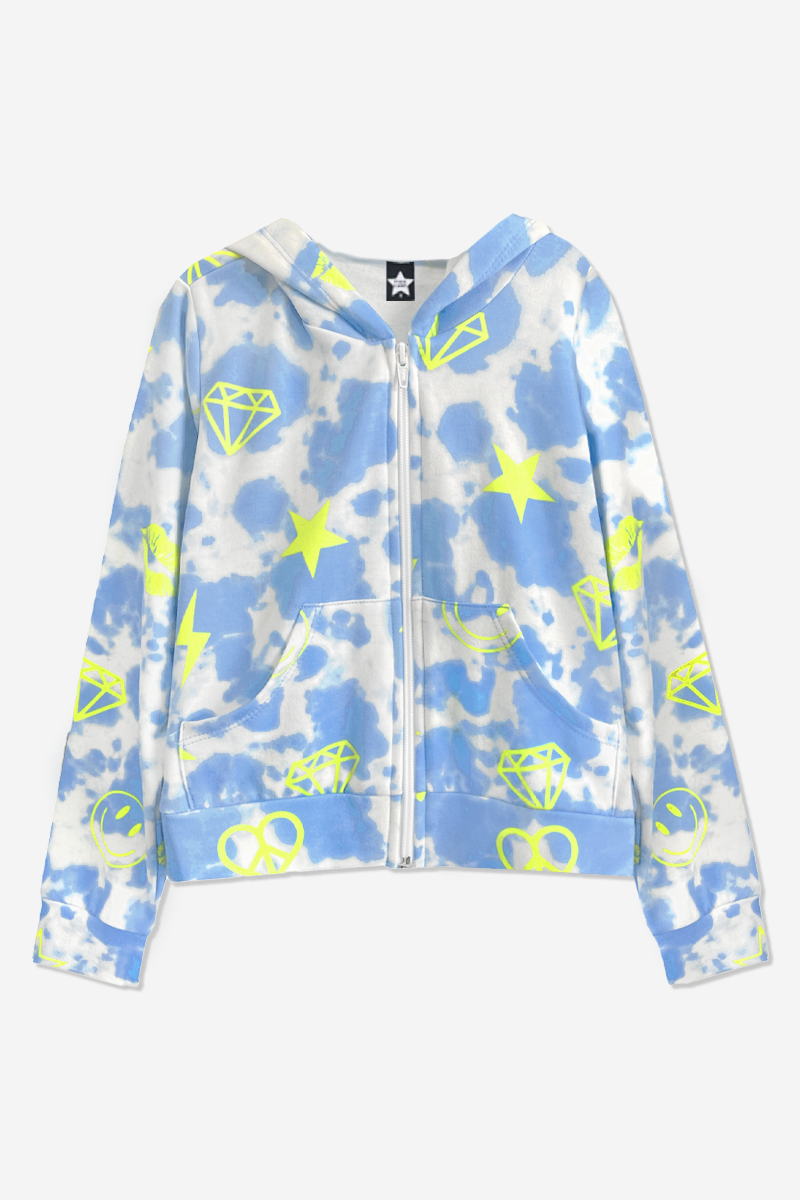 French Terry Easy Zip Hoodie - Cloud Lemon Tie Dye Elements