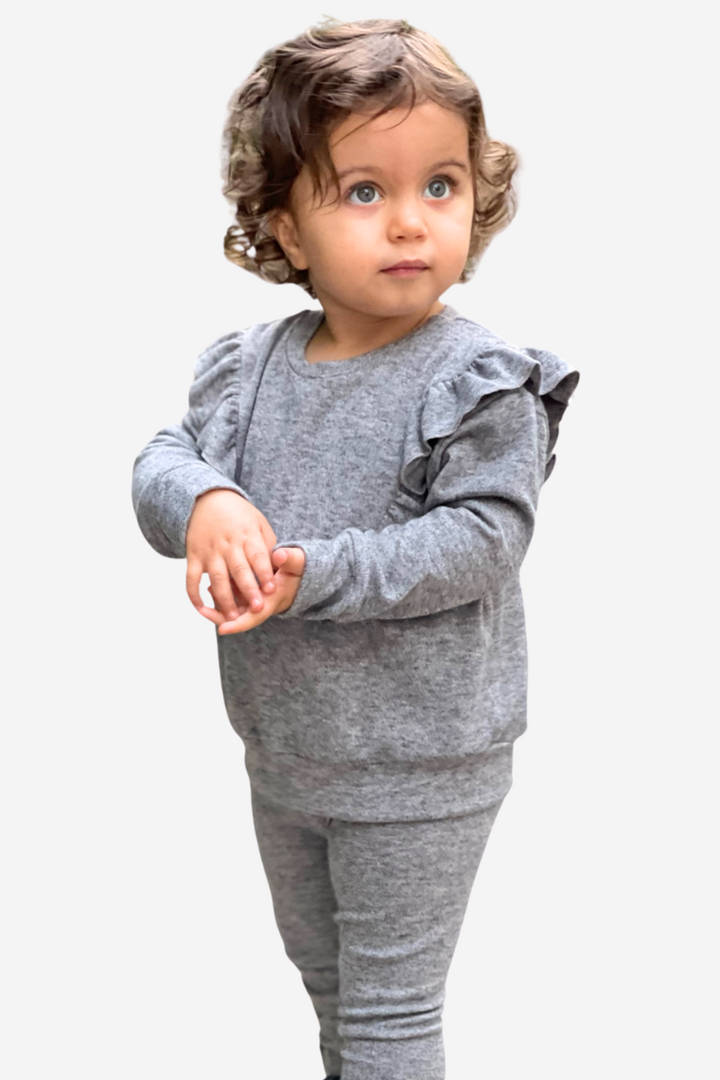 Luxe Hacci Long Sleeve Ruffle Crew Top & Legging - Heather Grey