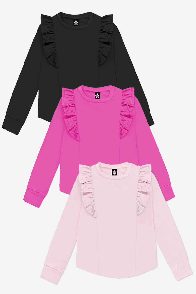 Modal Long Sleeve Ruffle Shirttail Multi-Pack - Black Wild Pink Blush