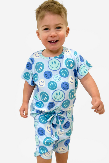 Simply Soft Short Sleeve Tee & Short Lounge Set - Blue Teal Smiley