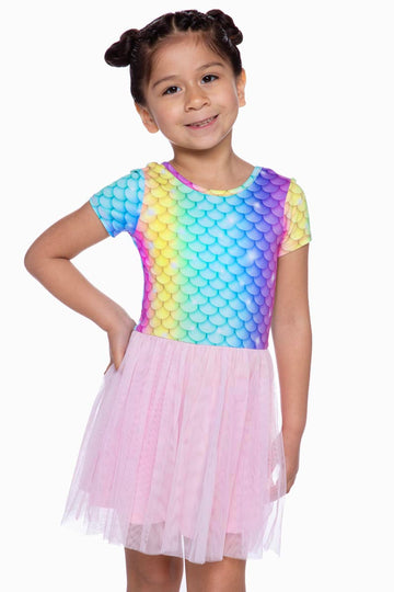 SIMPLY SOFT SHORT SLEEVE BE HAPPY TULLE DRESS - RAINBOW MERMAID TULLE