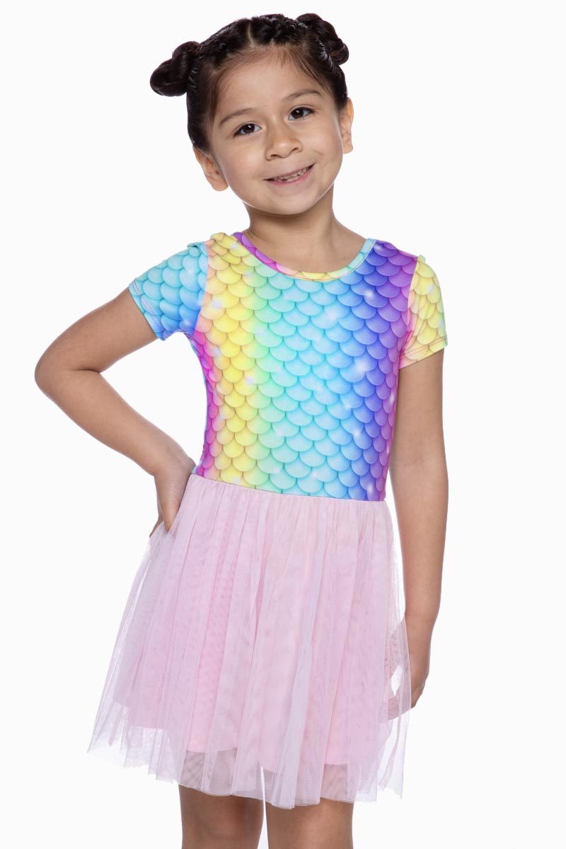 SIMPLY SOFT SHORT SLEEVE BE HAPPY TULLE DRESS - RAINBOW MERMAID TULLE