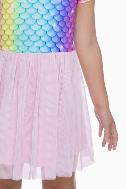 SIMPLY SOFT SHORT SLEEVE BE HAPPY TULLE DRESS - RAINBOW MERMAID TULLE