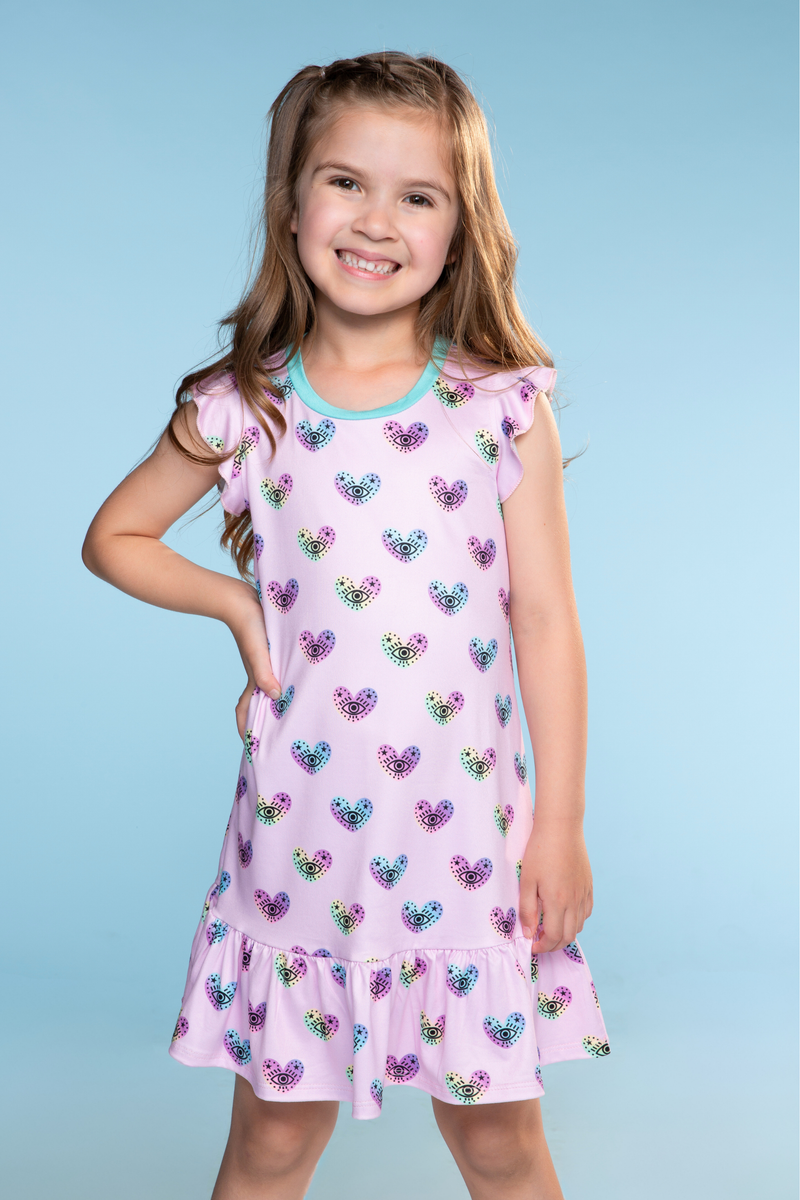 Simply Soft Flutter Sleeve Nightgown - Pink Heart Evil Eye