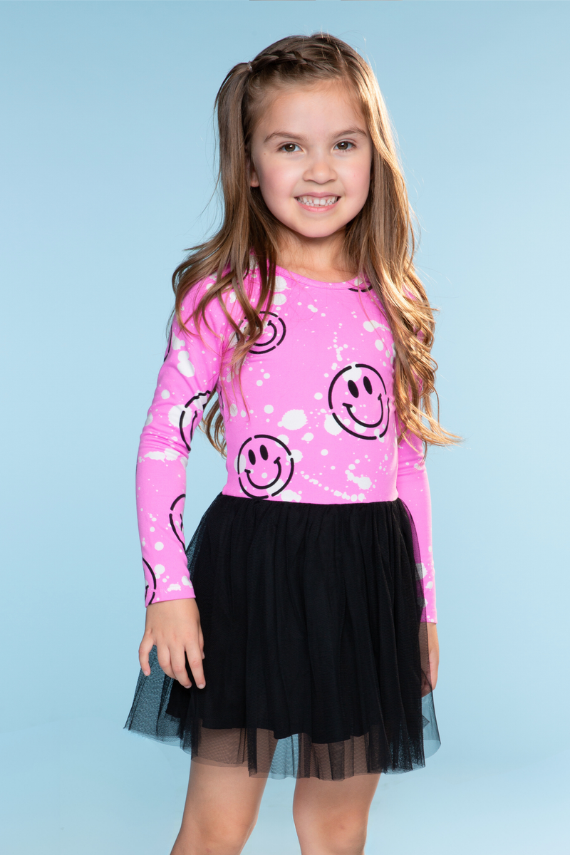 Simply Soft Long Sleeve Be Happy Tulle Dress - Pink Splatter Smile