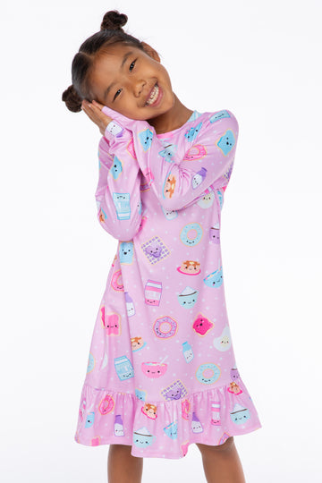 Simply Soft Long Sleeve Ruffle Nightgown - Pink Breakfast Emojis
