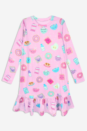 Simply Soft Long Sleeve Ruffle Nightgown - Pink Breakfast Emojis