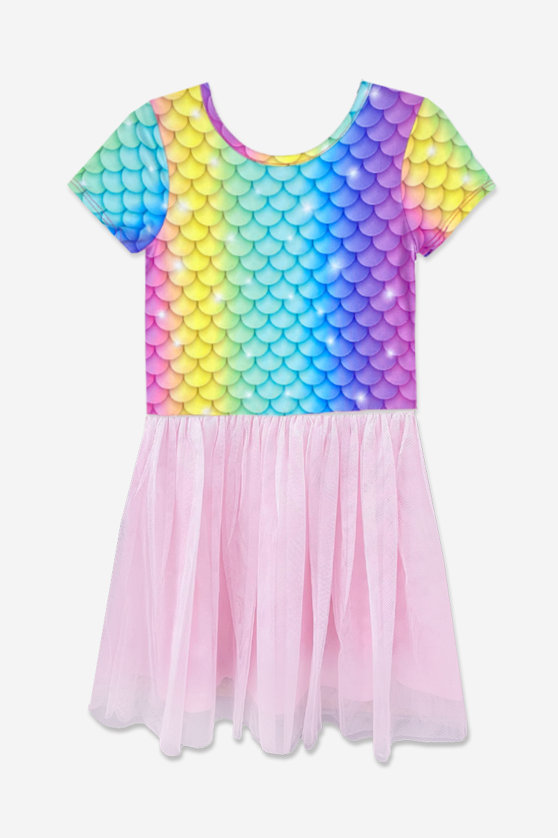 SIMPLY SOFT SHORT SLEEVE BE HAPPY TULLE DRESS - RAINBOW MERMAID TULLE