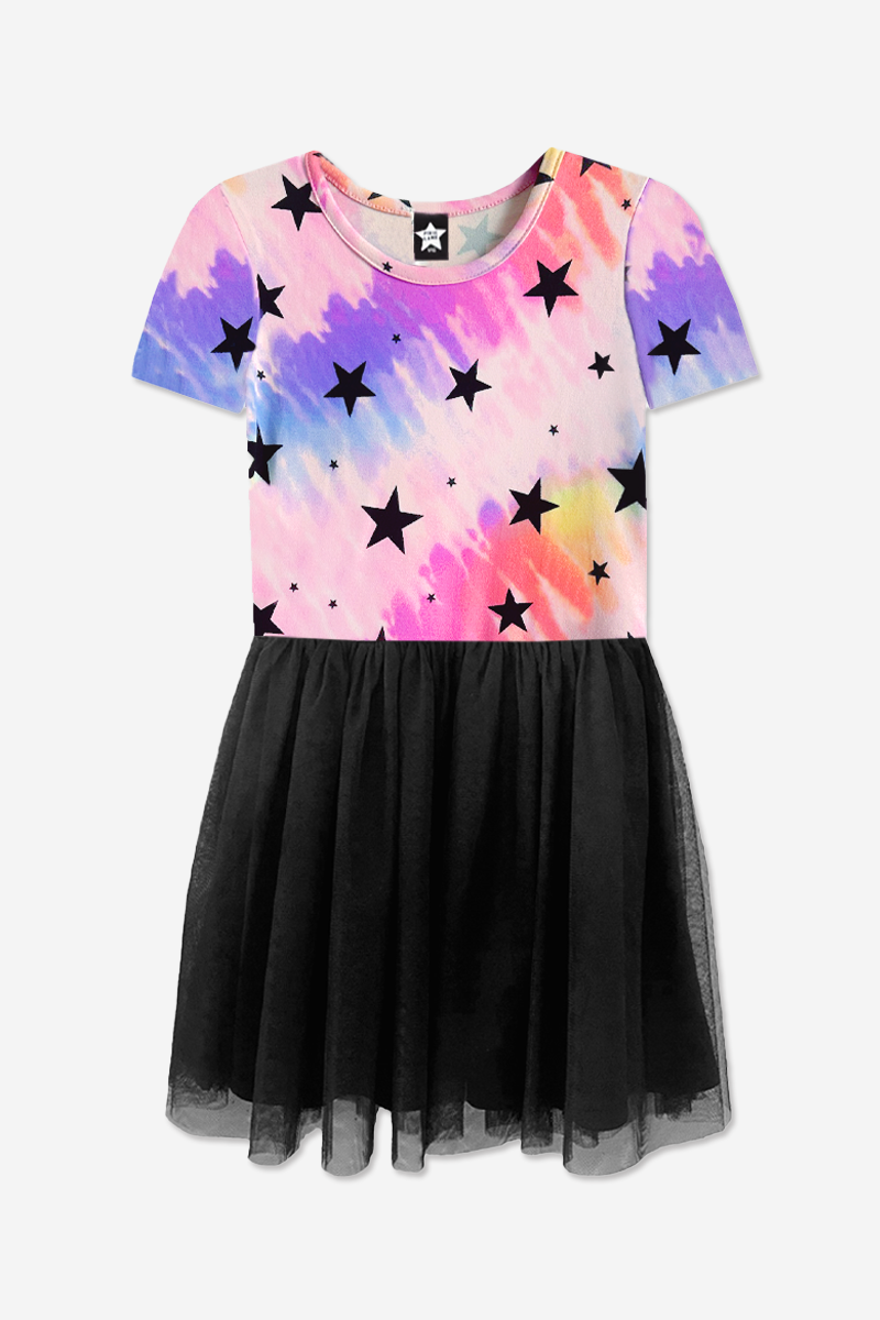 Simply Soft Short Sleeve Be Happy Tulle Dress - Pink Rainbow Stars