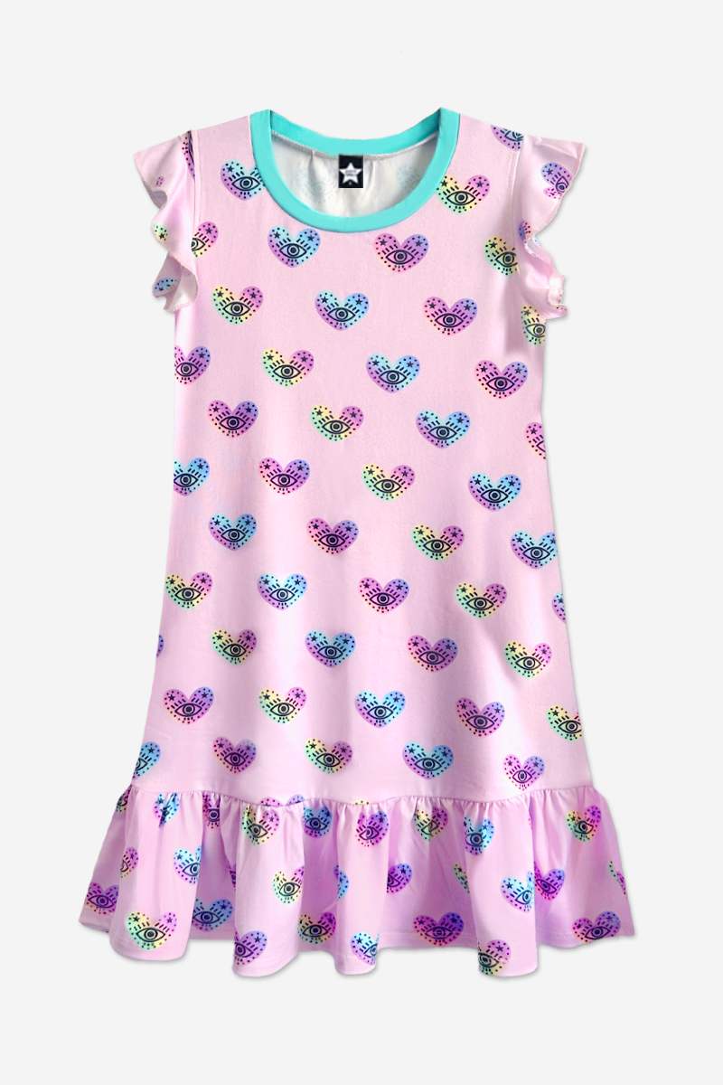 Simply Soft Flutter Sleeve Nightgown - Pink Heart Evil Eye