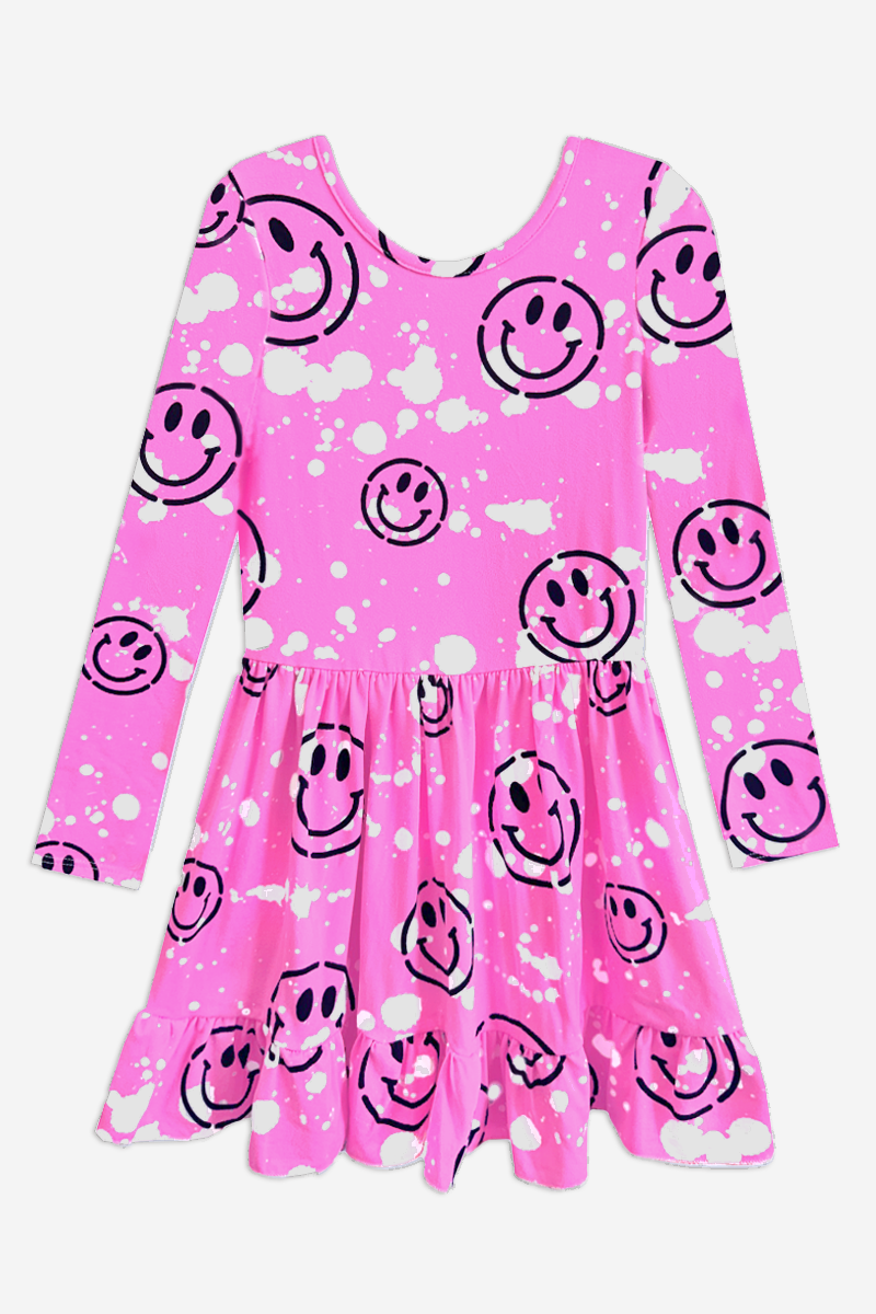 Simply Soft Long Sleeve Be Happy Flounce Dress - Pink Splatter Smile