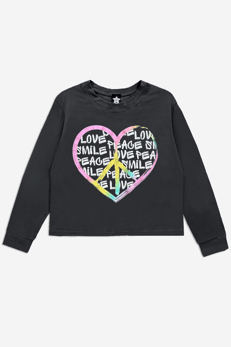 Washed Cotton Long Sleeve Easy Tee - Washed Black Pink Peace Heart