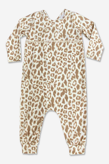 Baby Doll Long Sleeve Romper - Ivory Taupe Leopard