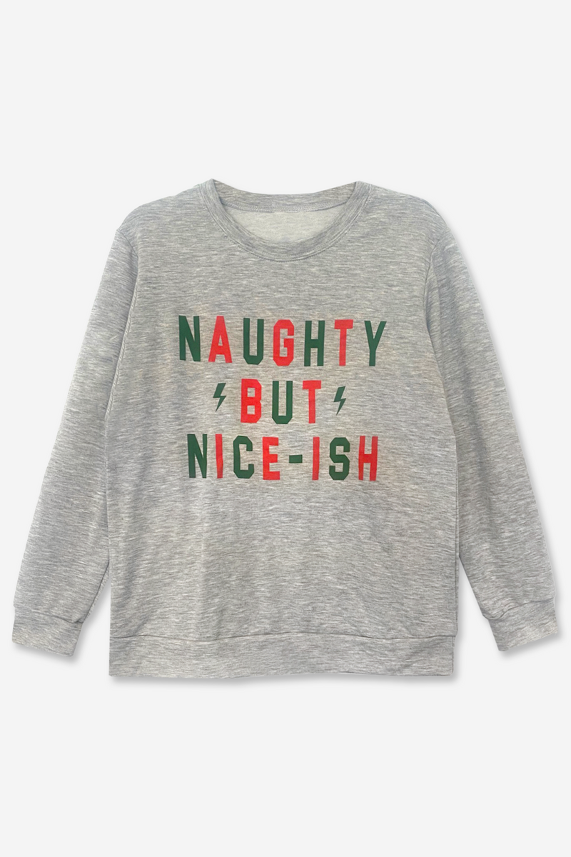 Long Sleeve Crew Sweatshirt - Heather Grey Naughty Nice